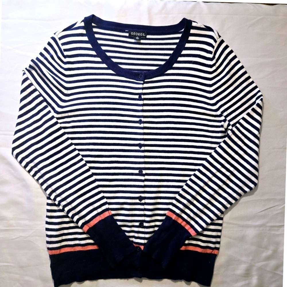 George Womens Navy Blue White Striped Button Front Cardigan Sweater M 8-10
